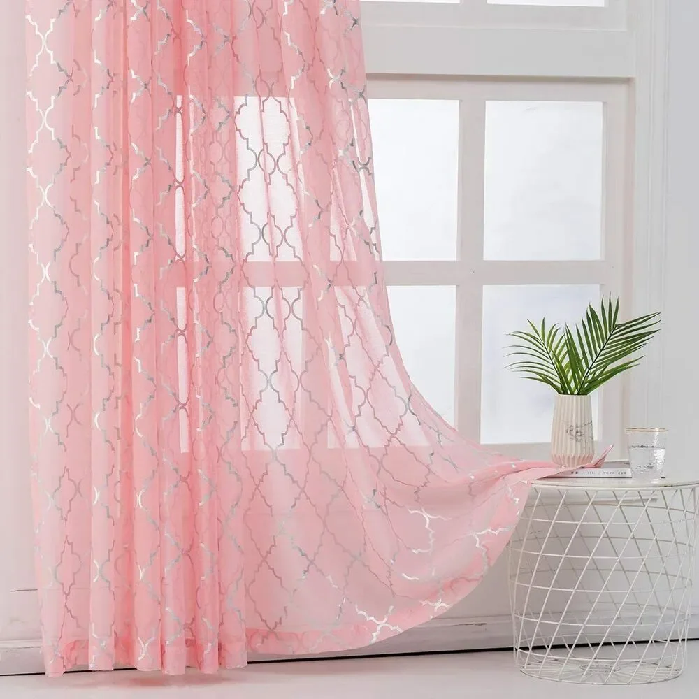 1 Pair Sheer Curtains Moroccan Pattern Rod Pocket Drapes for Kitchen,Dining Room